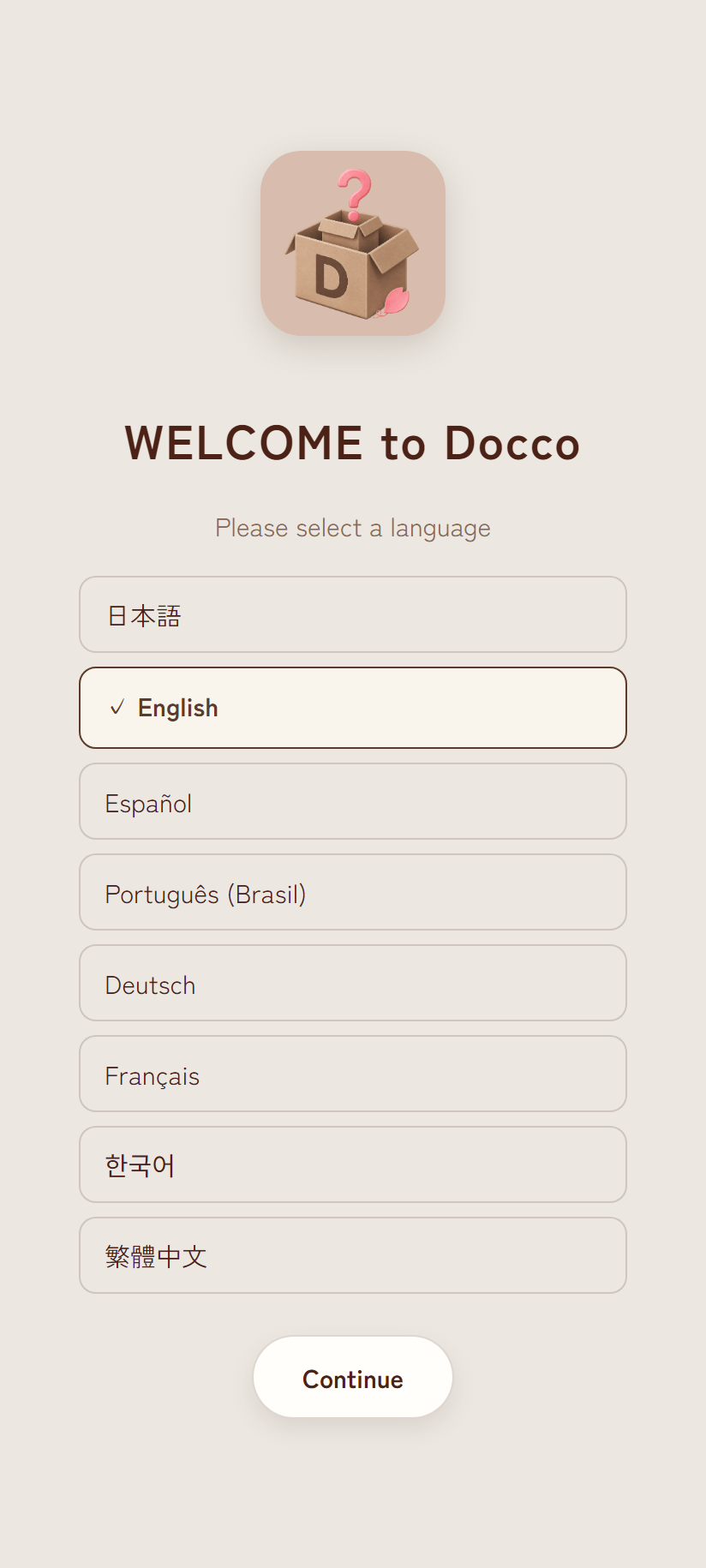 Language selection screen
