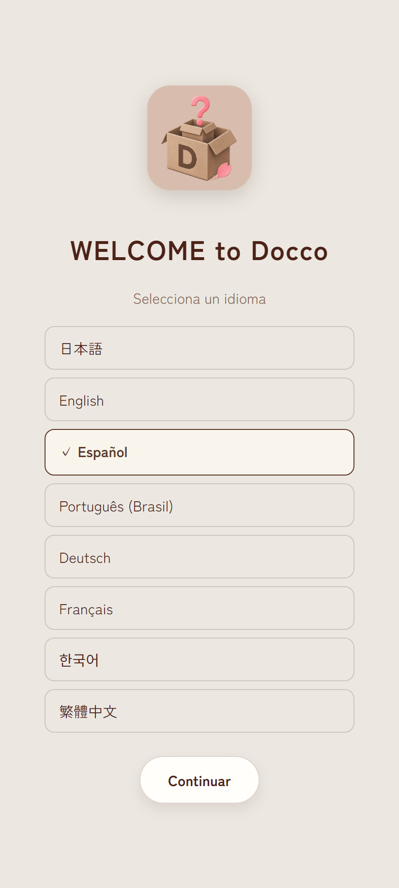 Pantalla de selección de idioma