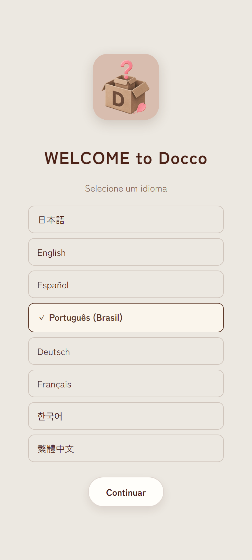 Tela de seleção de idioma