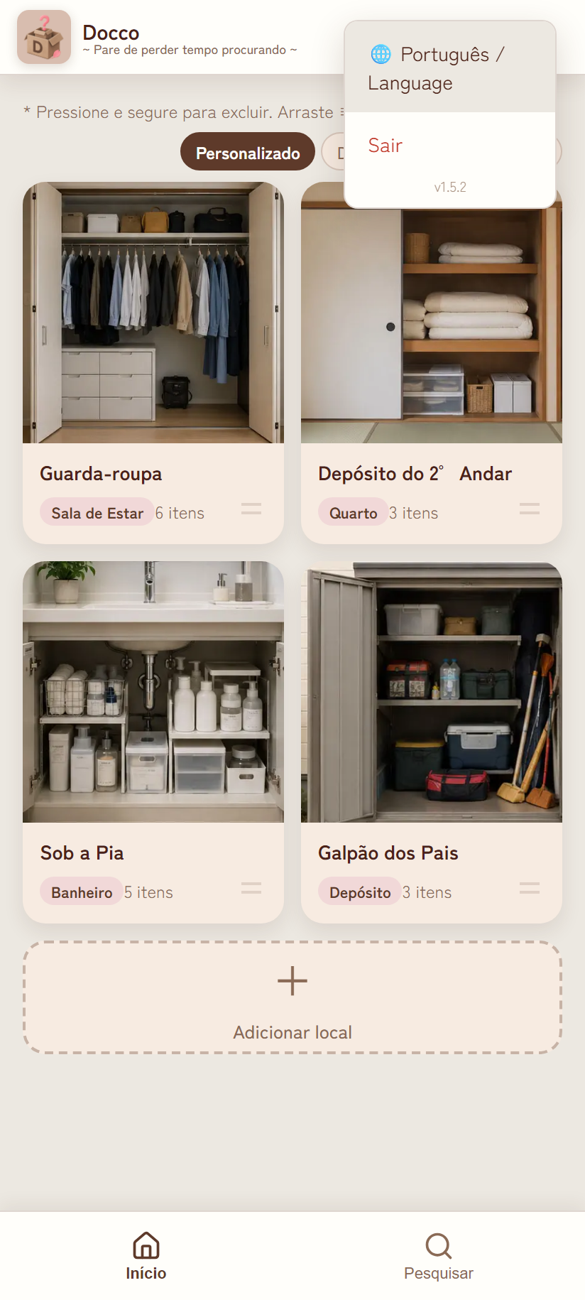 Menu de configurações