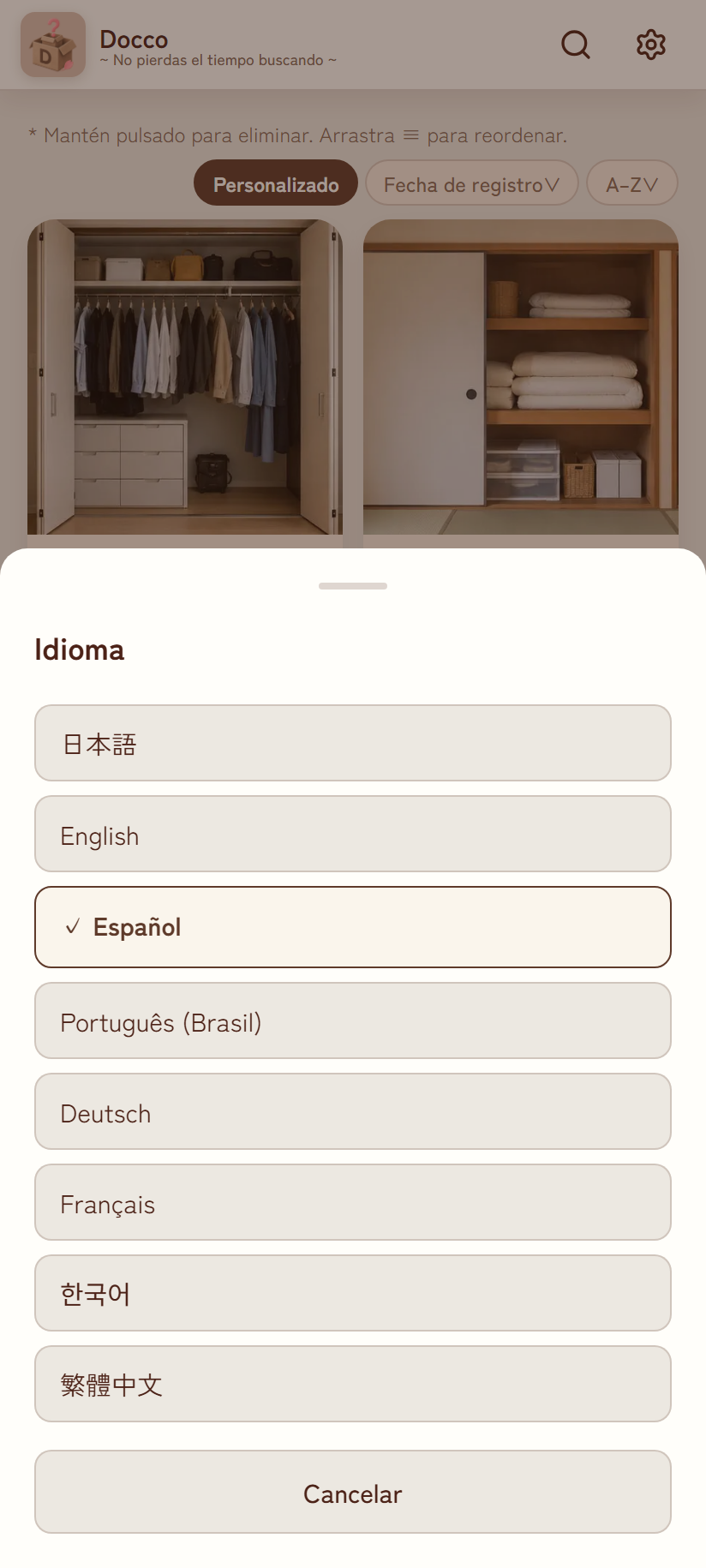 Panel de cambio de idioma