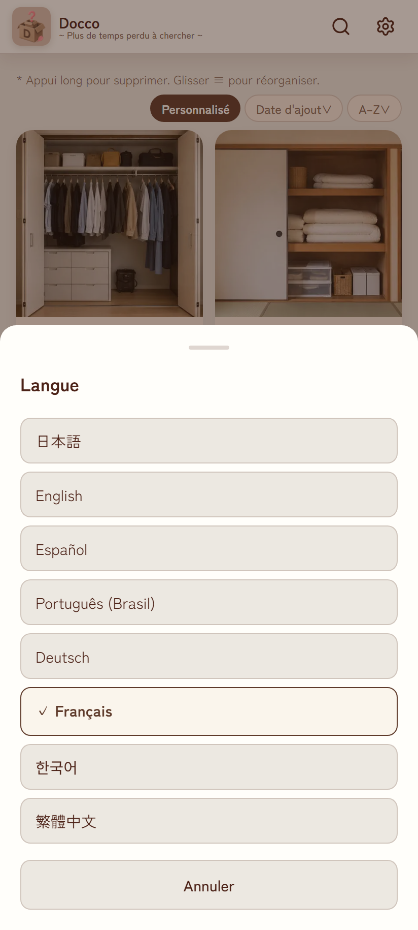 Fenêtre de changement de langue