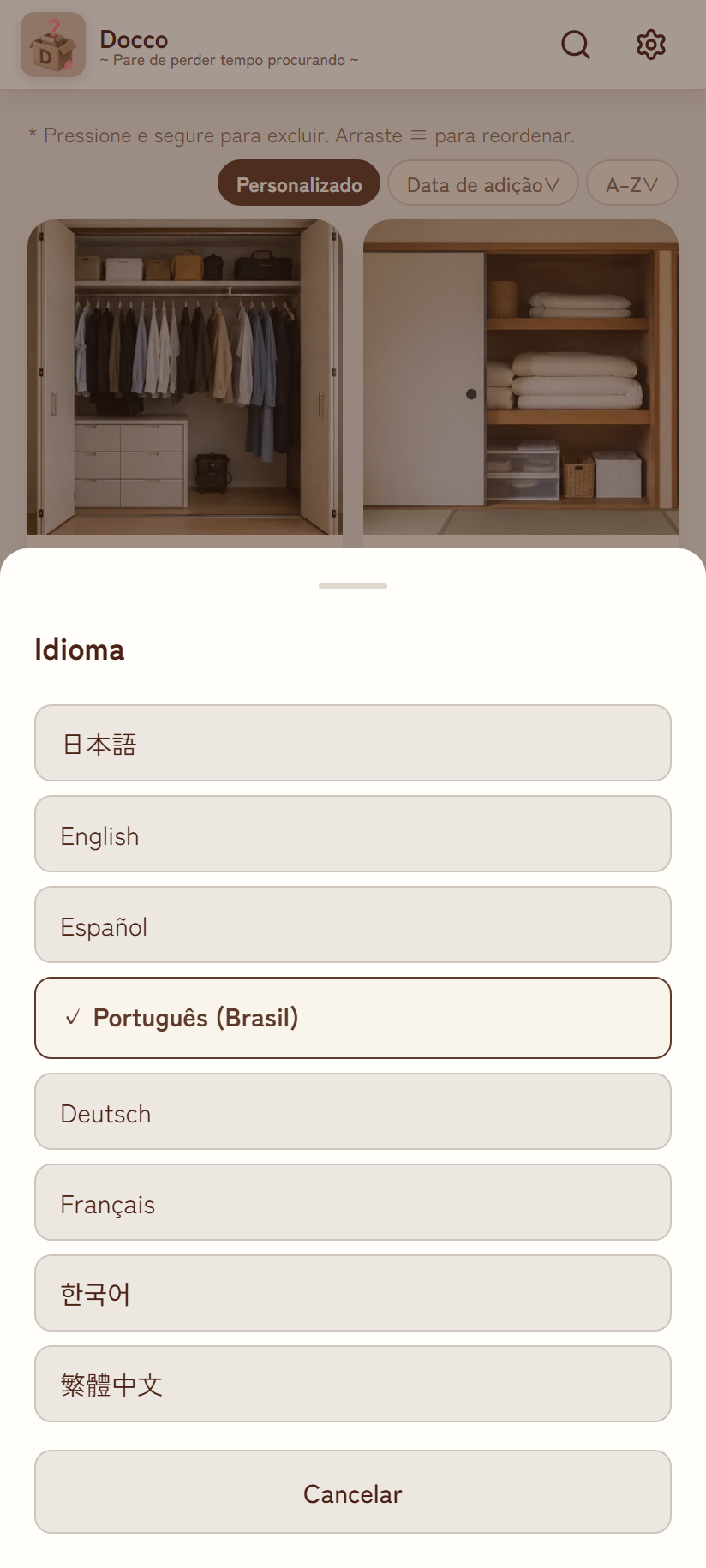 Modal de troca de idioma