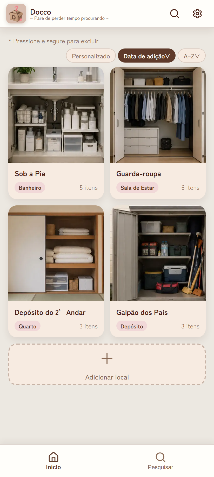 Locais ordenados por data de adição