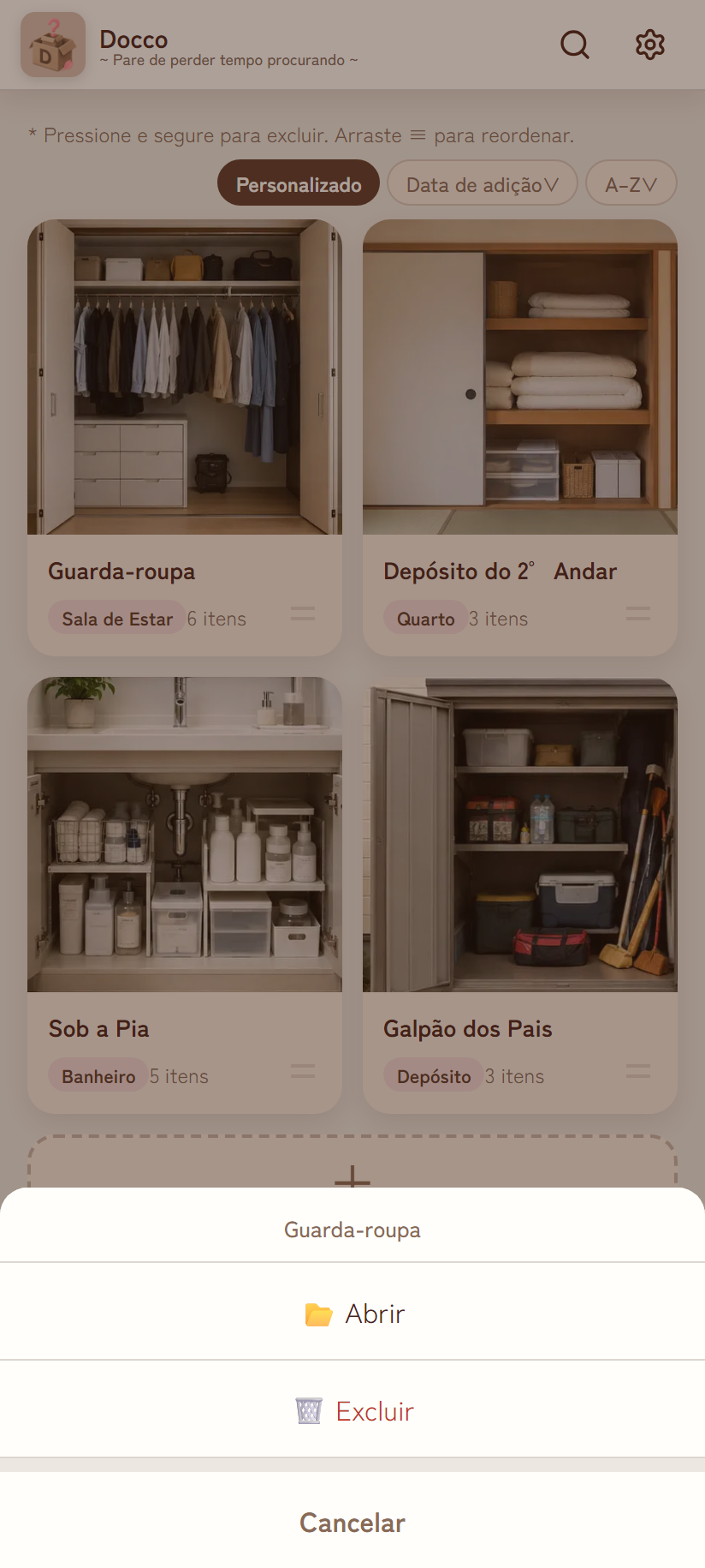 Menu ao pressionar e segurar um cartão de local