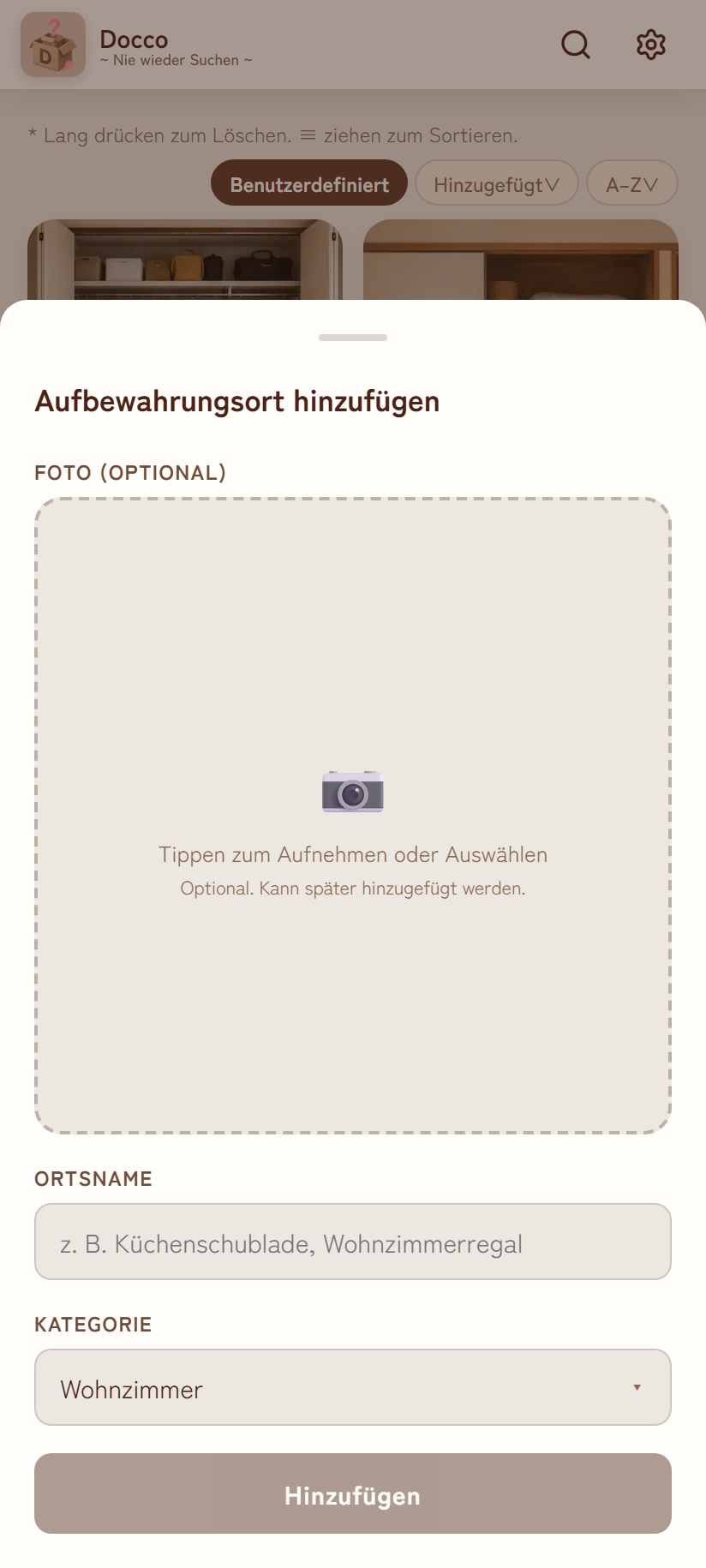 Fenster zum Hinzufügen eines Orts