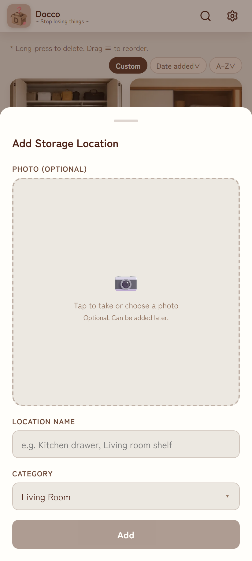 Add storage location modal