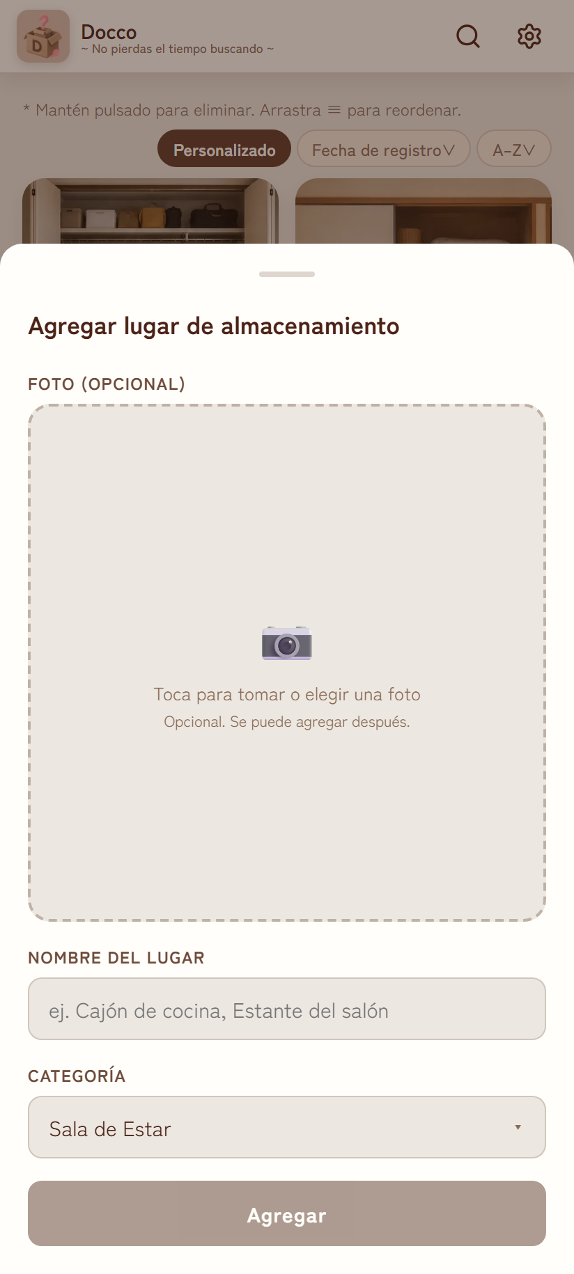 Panel para agregar lugar