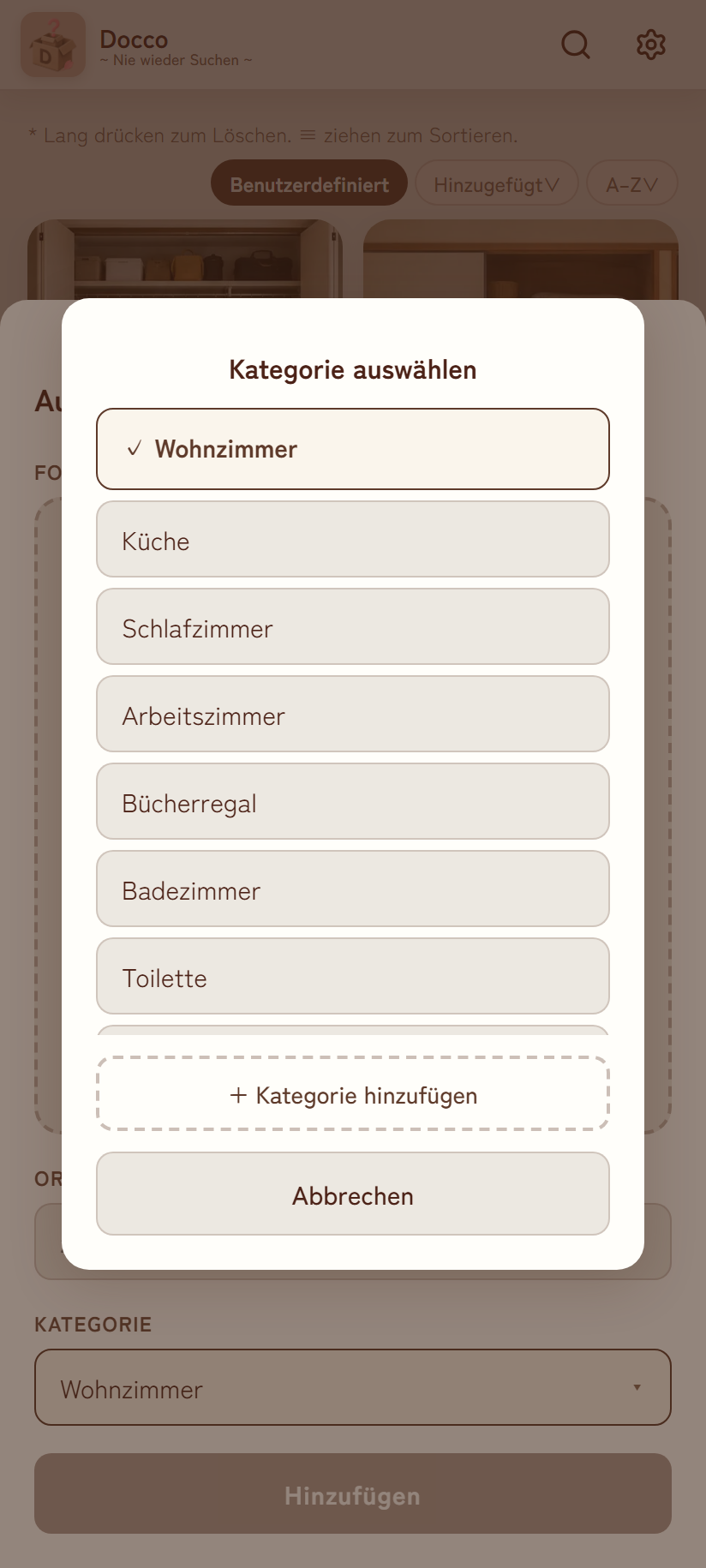 Kategorieauswahl-Popup