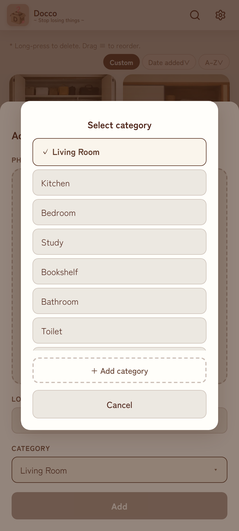 Category selection popup