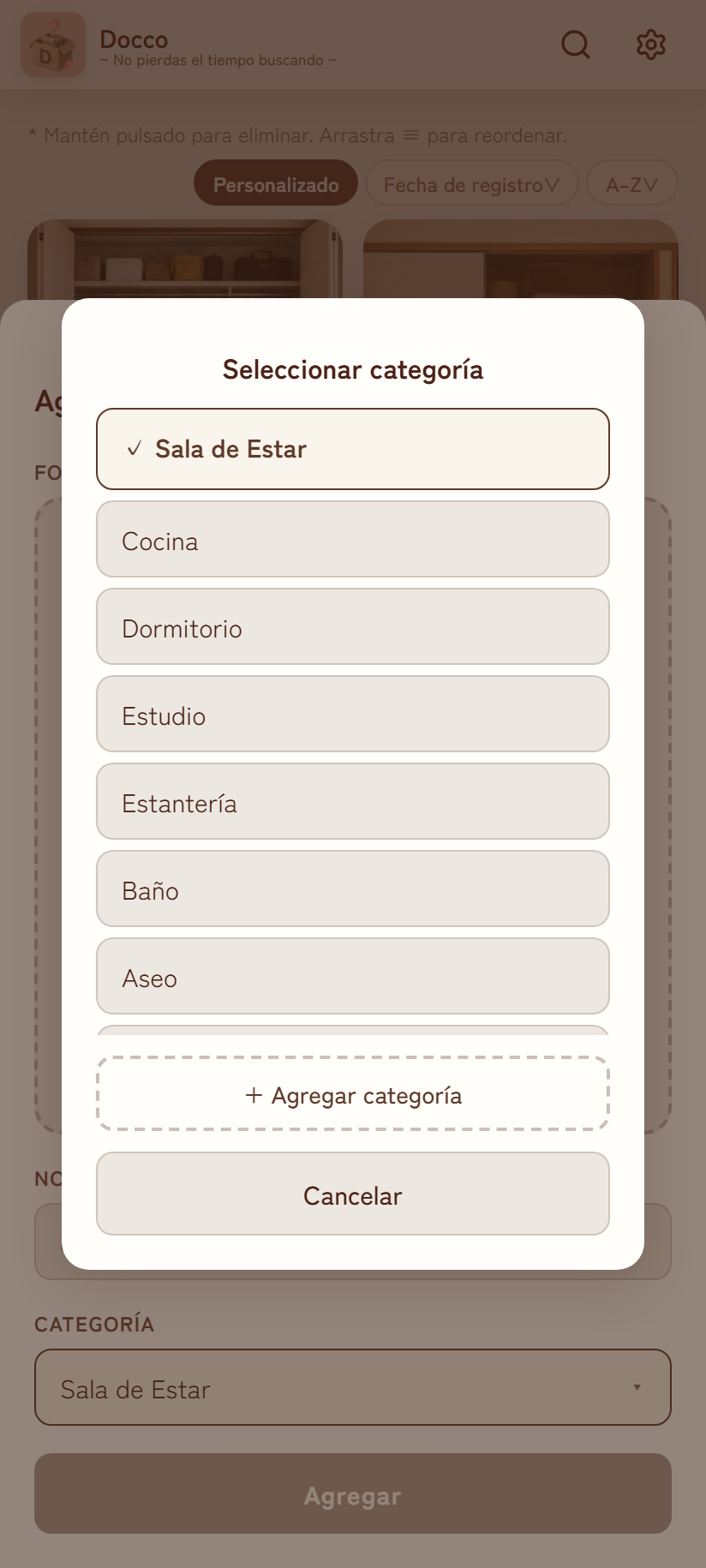 Ventana de selección de categoría