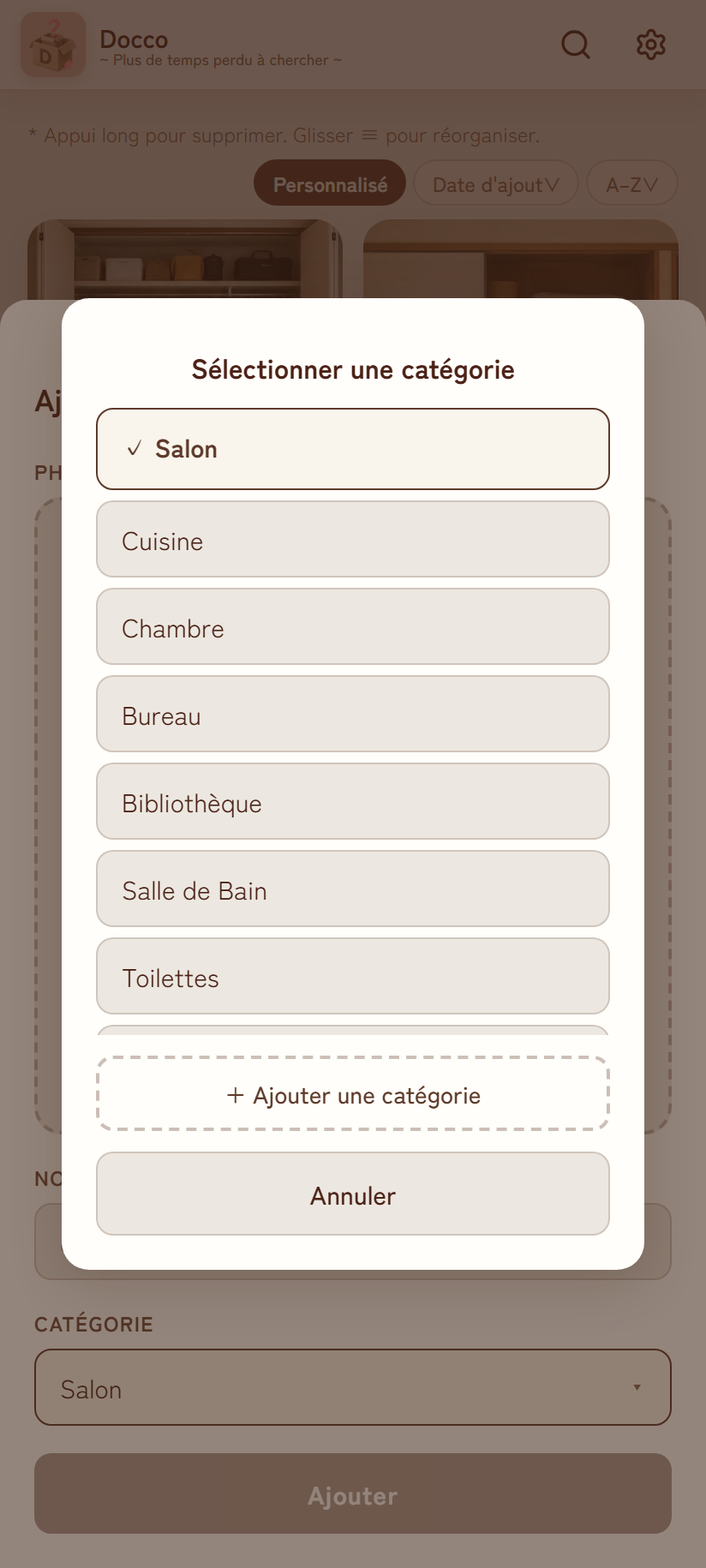 Fenêtre de sélection de catégorie