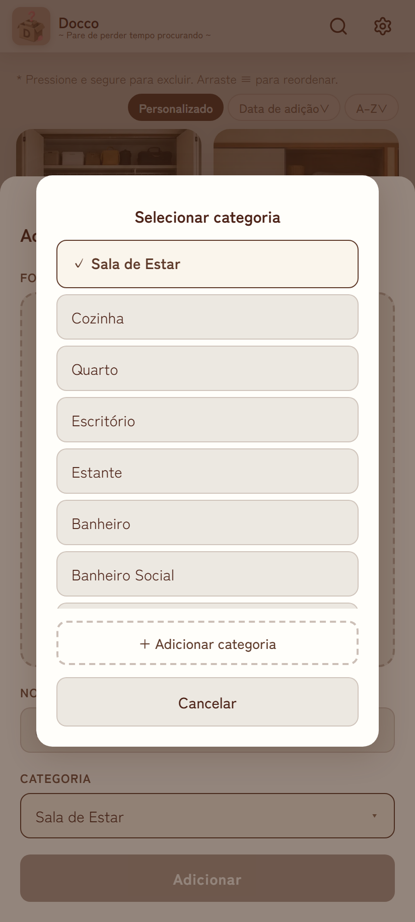 Janela de seleção de categoria