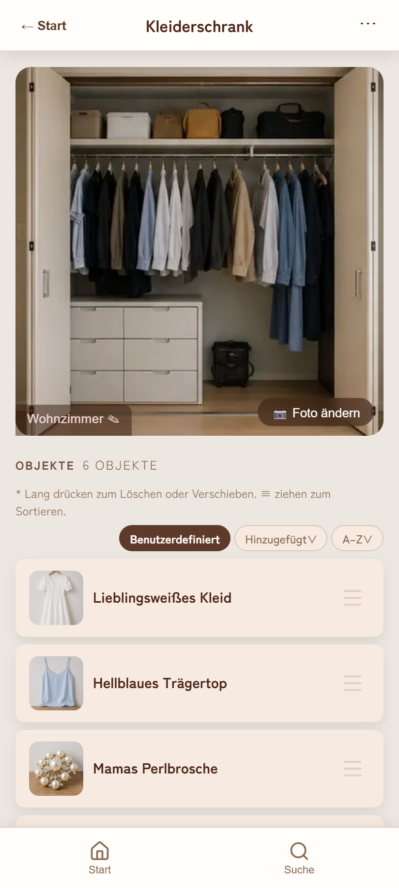 Oberer Bereich des Ortsdetail-Bildschirms