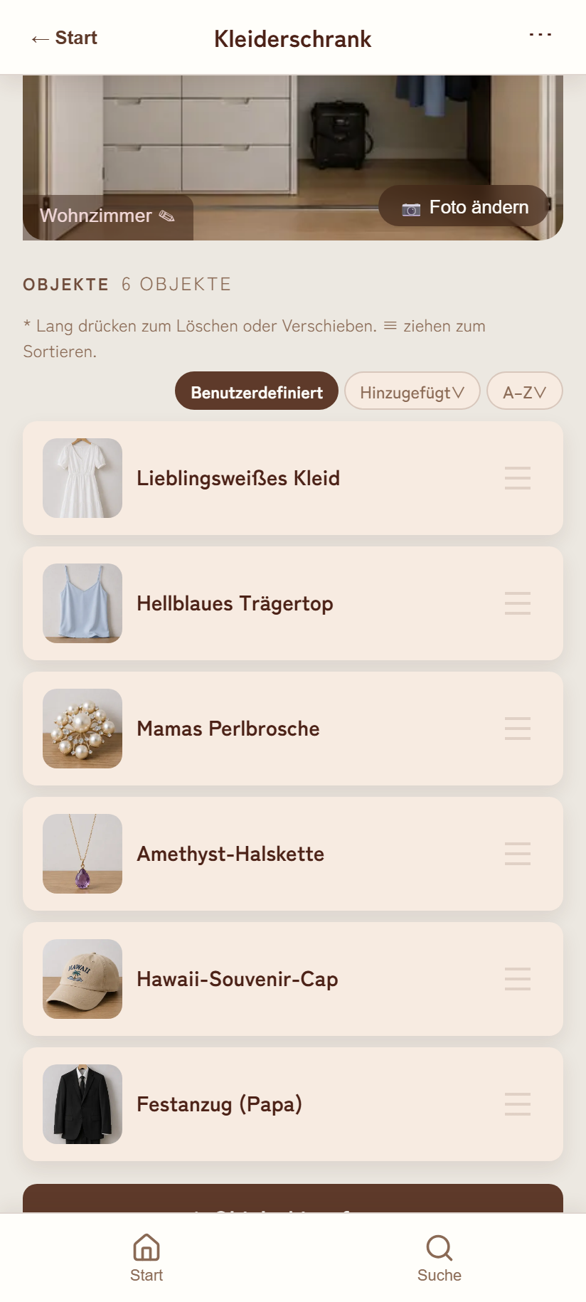Objektliste im Ortsdetail-Bildschirm