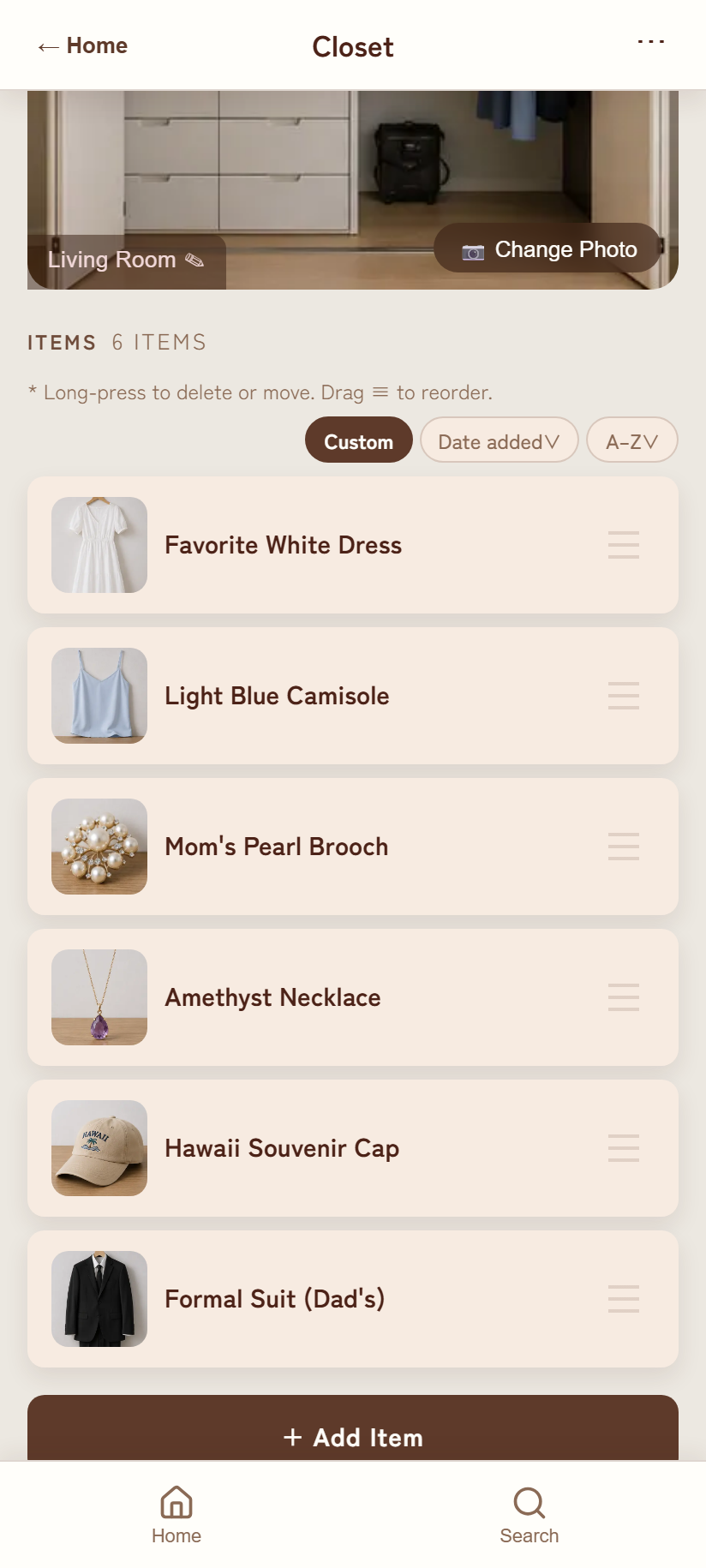 Item list on the location detail screen