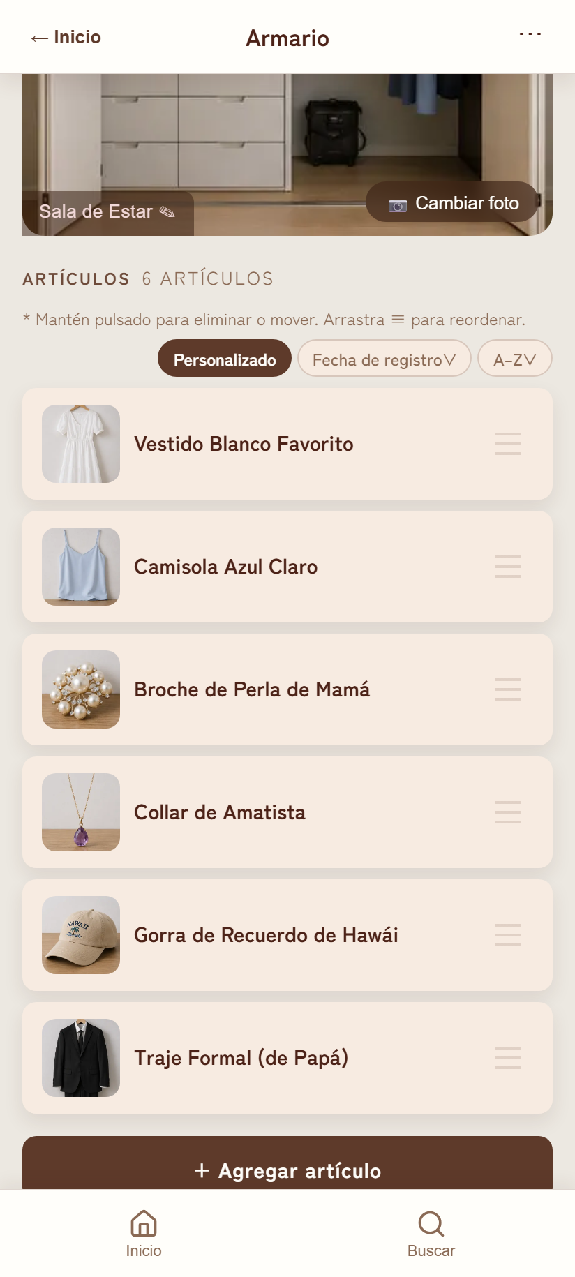 Lista de artículos en la pantalla de detalle