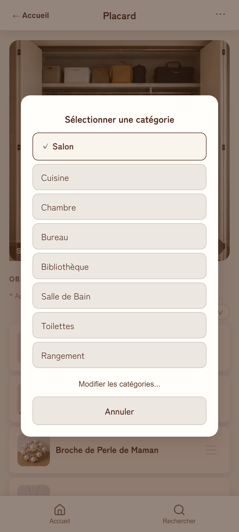 Sélection de la catégorie d'un lieu