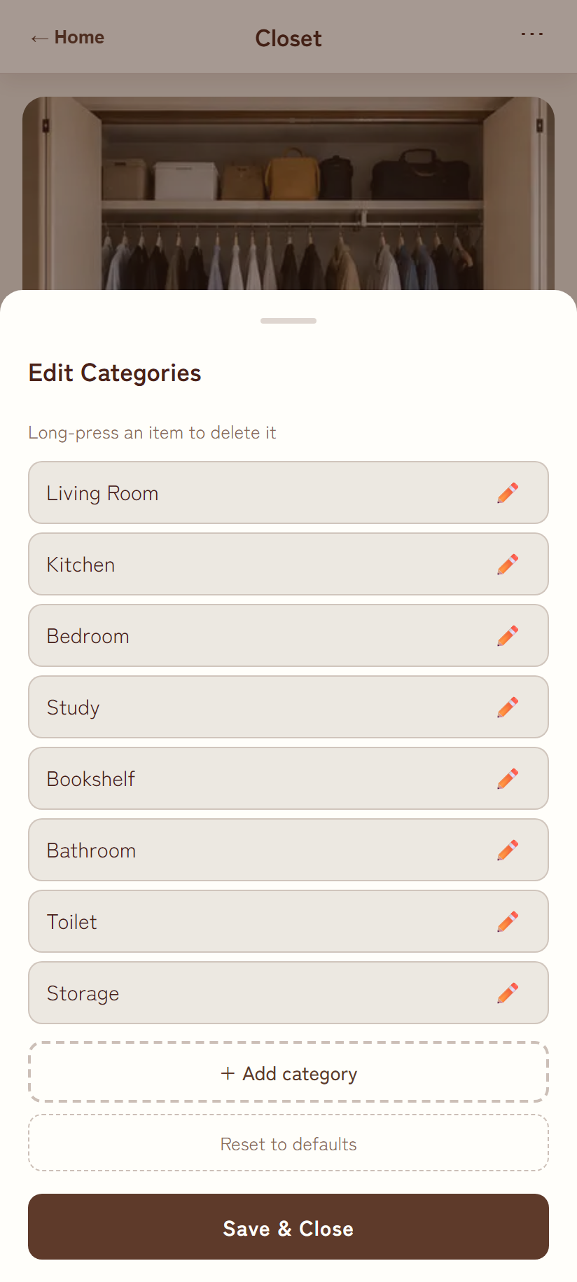 Edit categories modal