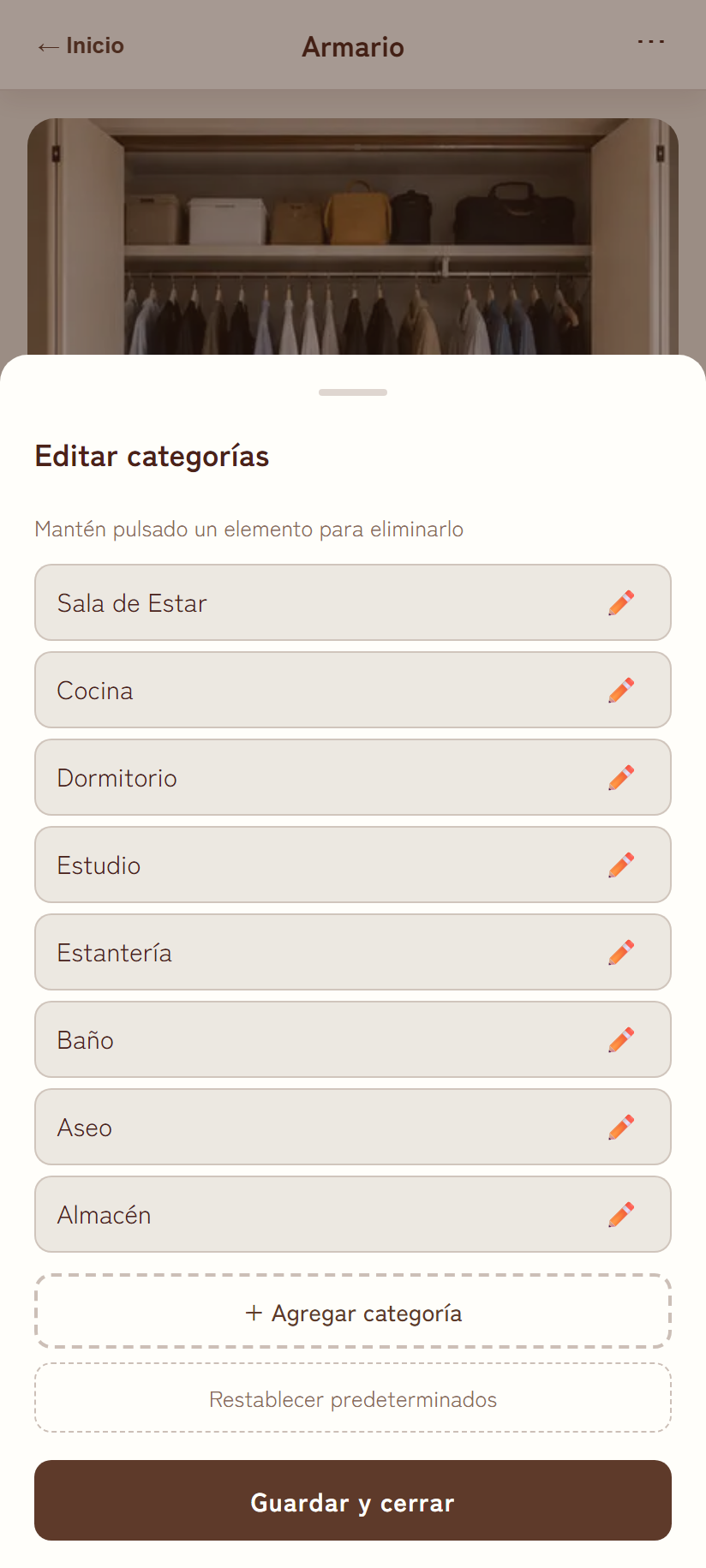 Panel de edición de categorías