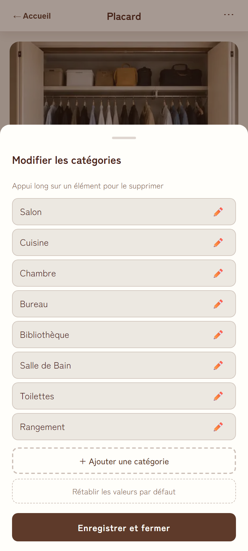 Fenêtre de modification des catégories