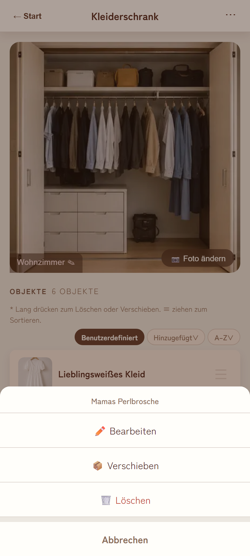Menü bei langem Drücken eines Objekts
