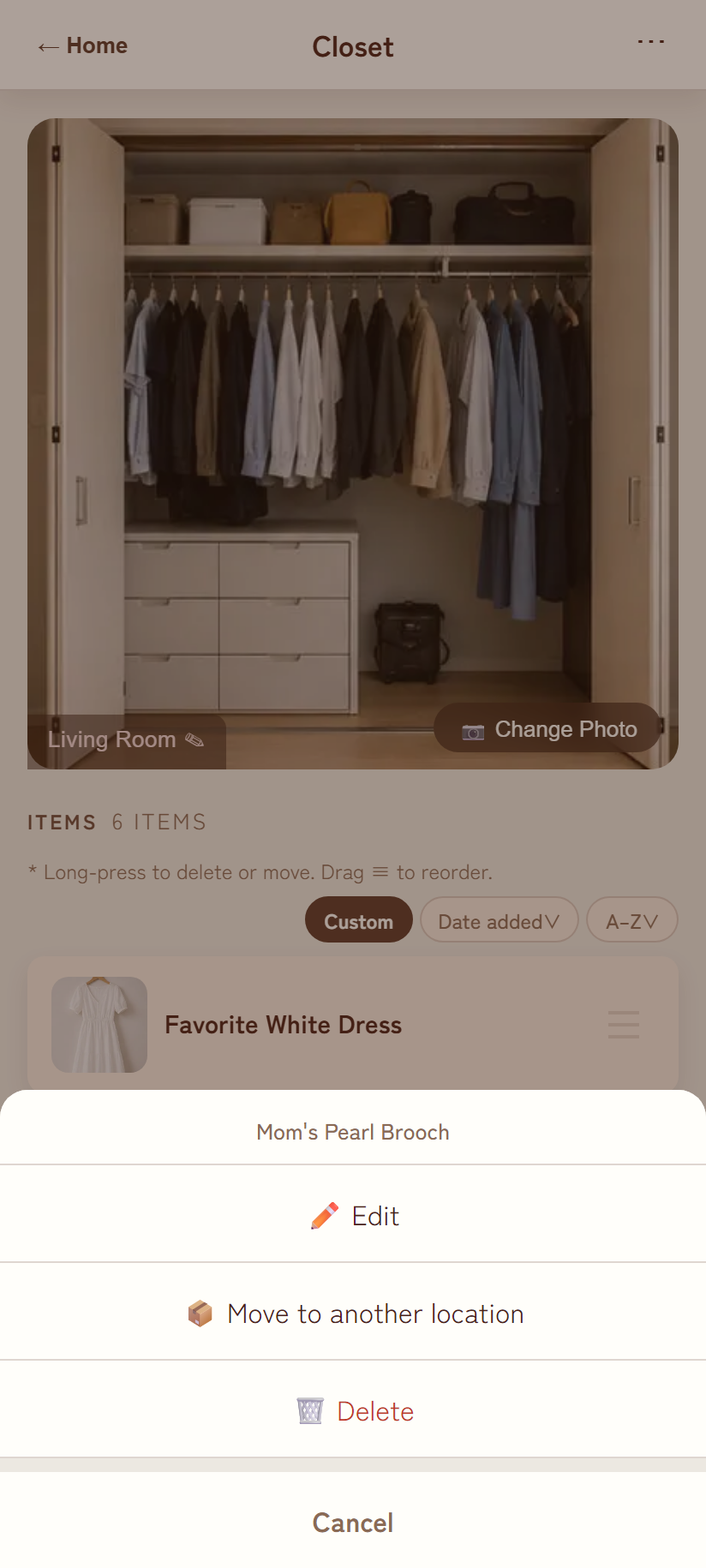 Long-press menu on an item