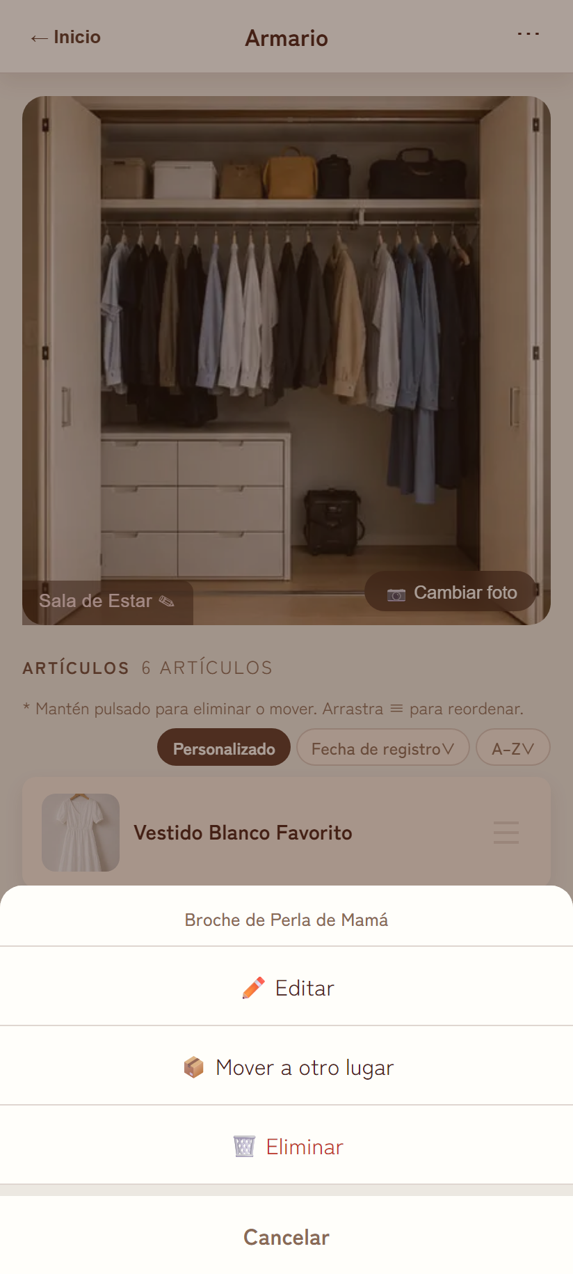 Menú de pulsación larga sobre un artículo