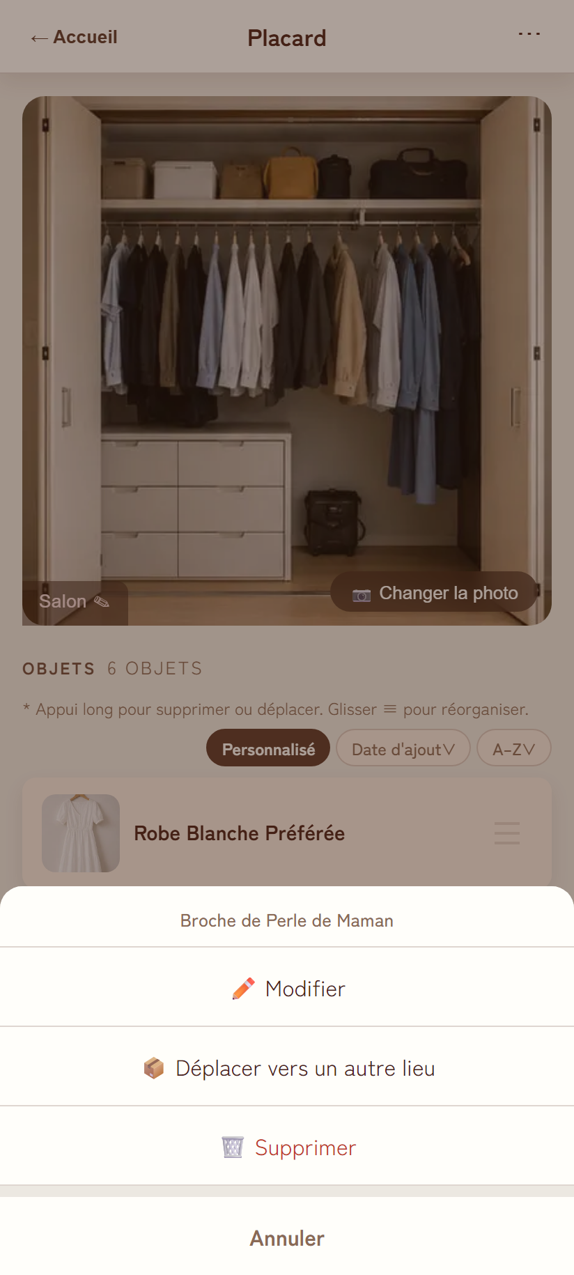 Menu d'appui long sur un objet