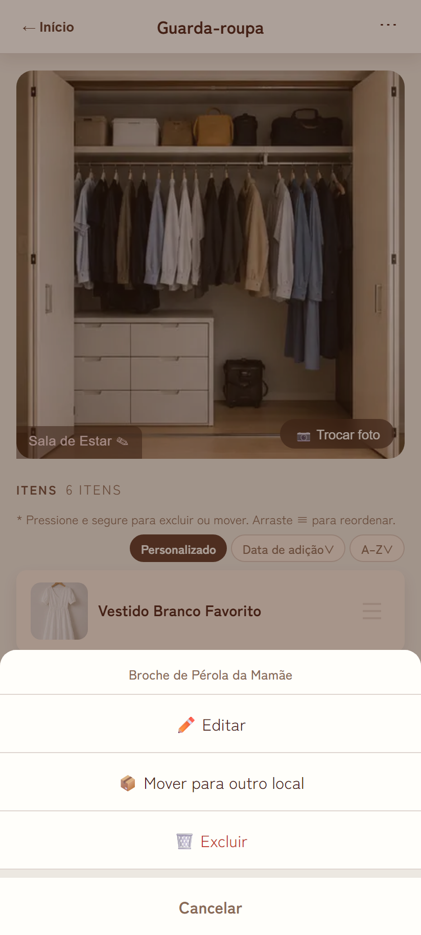 Menu ao pressionar e segurar um item