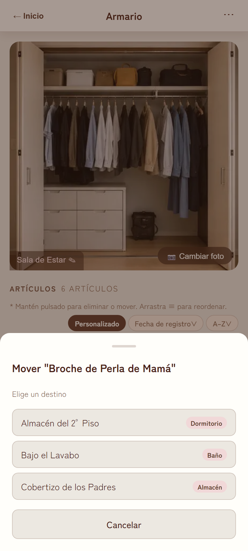 Panel para mover artículo