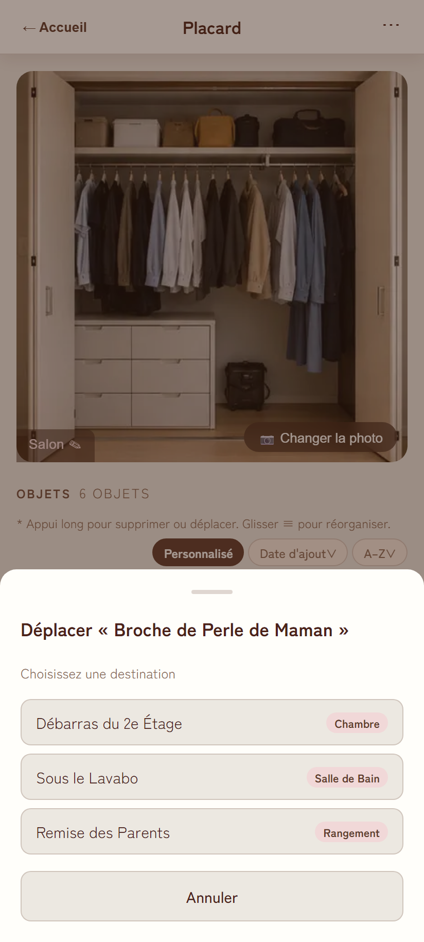 Fenêtre de déplacement d'objet