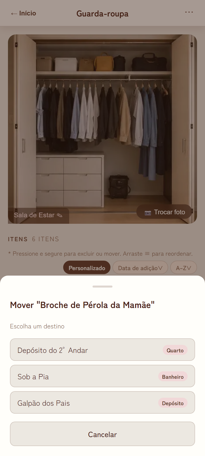 Modal para mover item