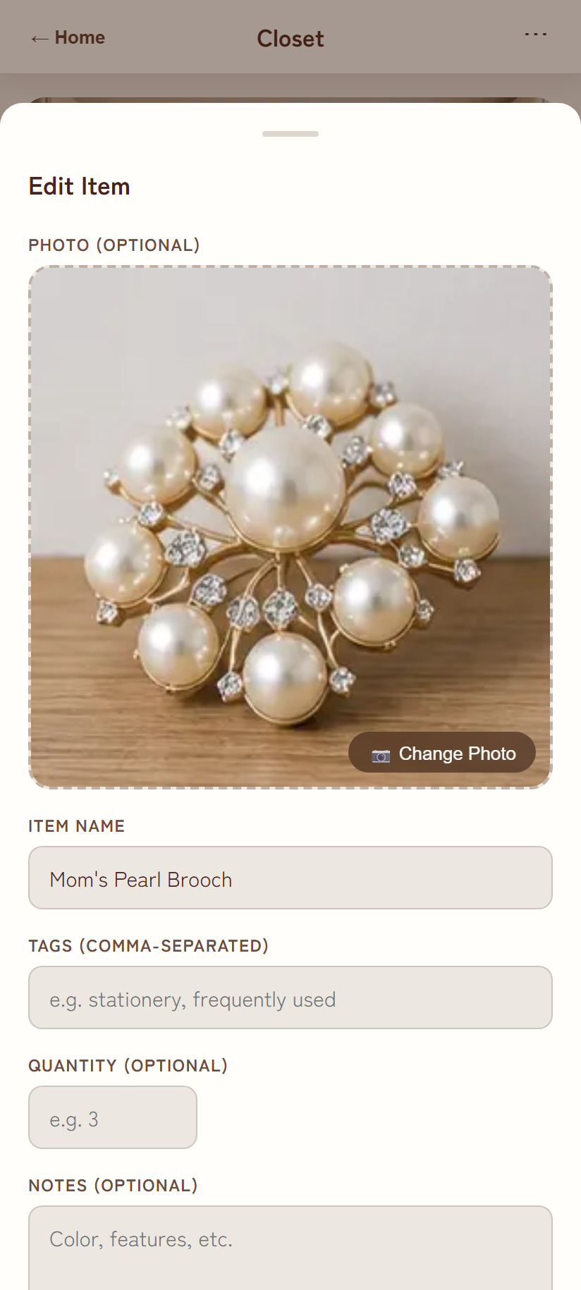 Edit item modal