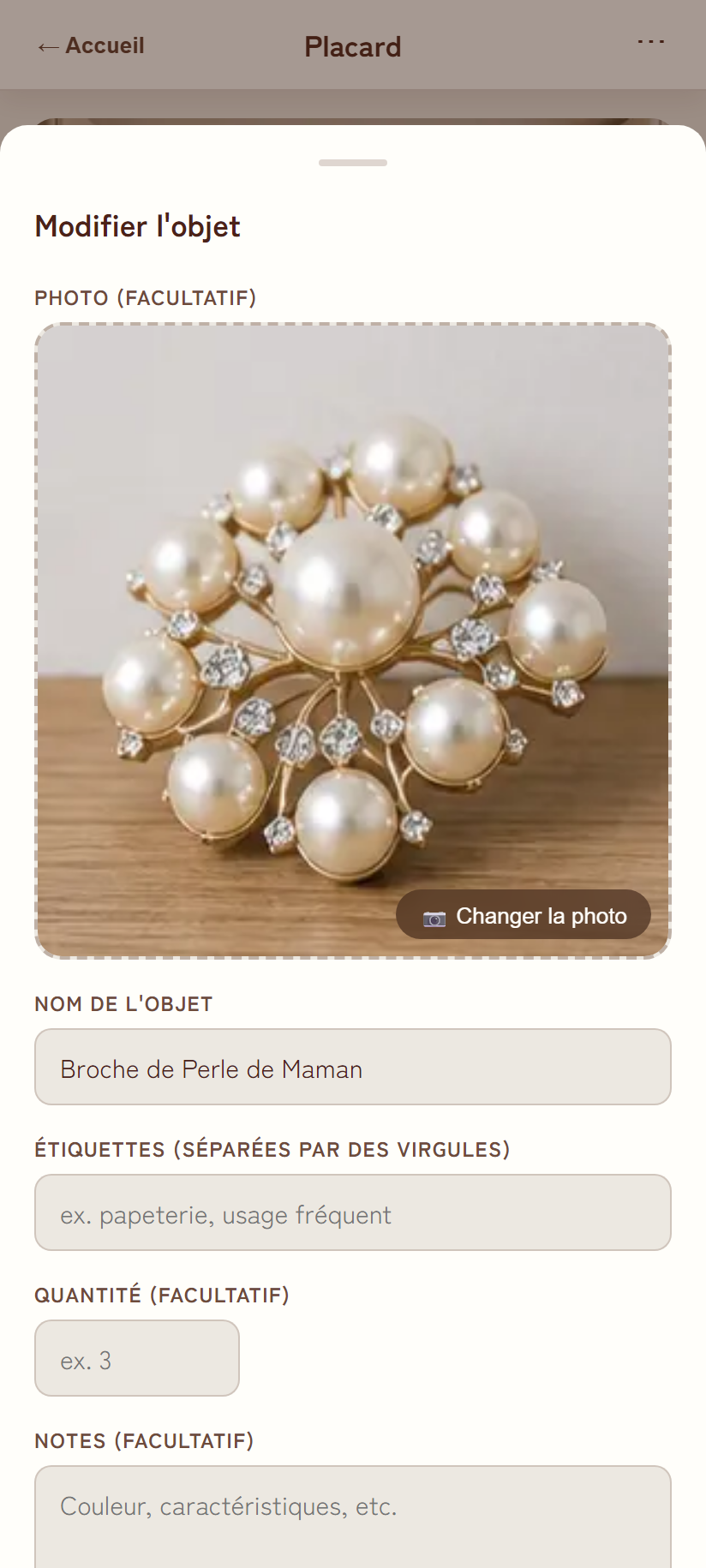 Fenêtre de modification d'objet