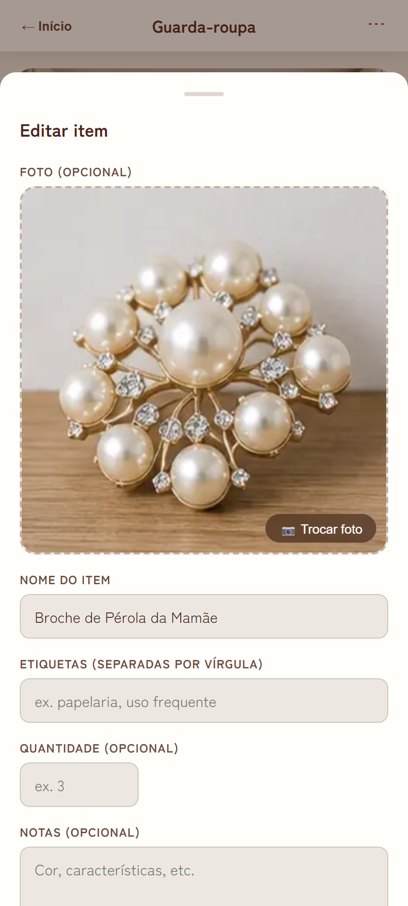 Modal para editar item