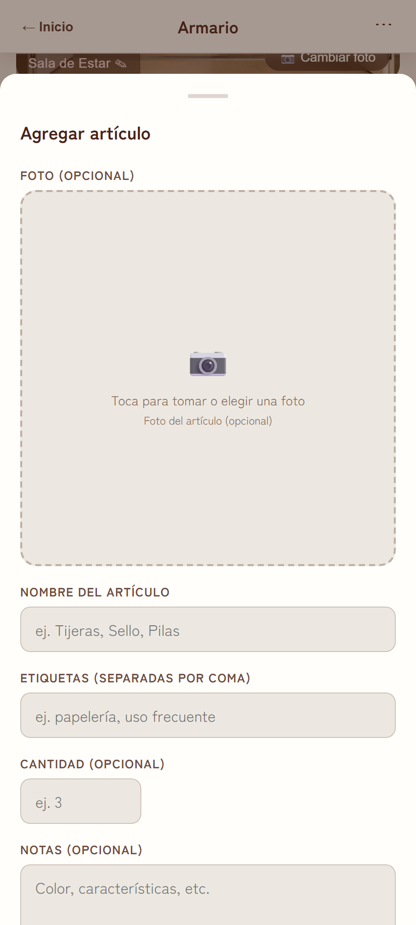 Panel para agregar artículo