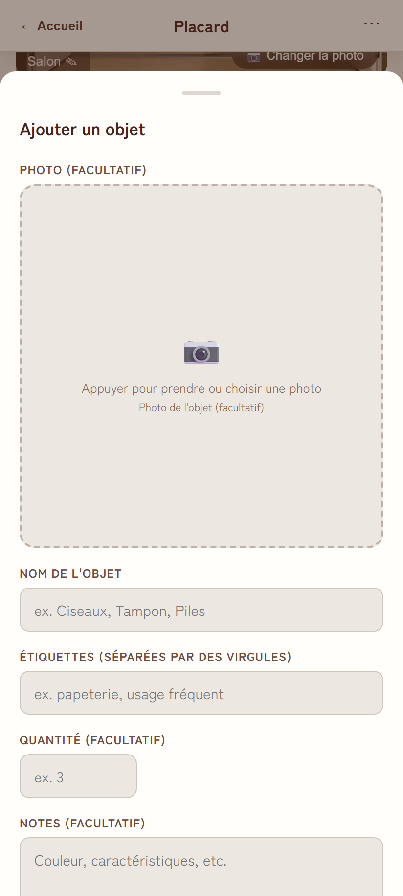 Fenêtre d'ajout d'objet
